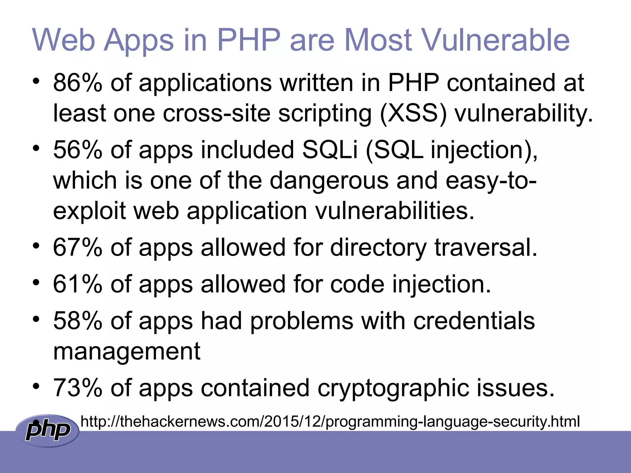 Web Apps in PHP are Most Vulnerable
• 86% of applications written in PHP contained at
least one cross-site scripting (XSS) vulnerability.
• 56% of apps included SQLi (SQL injection),
which is one of the dangerous and easy-to-
exploit web application vulnerabilities.
• 67% of apps allowed for directory traversal.
• 61% of apps allowed for code injection.
• 58% of apps had problems with credentials
management
• 73% of apps contained cryptographic issues.
• http://thehackernews.com/2015/12/programming-language-security.html
 