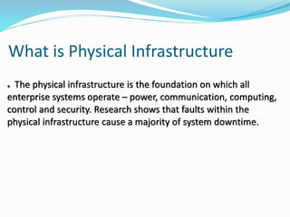 What is Physical Infrastructure
● The physical infrastructure is the foundation on which all
enterprise systems operate – power, communication, computing,
control and security. Research shows that faults within the
physical infrastructure cause a majority of system downtime.
 