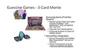 Guessing Games - 3-Card Monte
• Guessing Game (Find the
Queen)
• Games using similar principles
include Stratego™ and
Battleship™ and card games
like “Go Fish”
• Typically Turn-based games
• Guessing location or value of
hidden assets
• SecurePlay Integration
• Secret Transaction for Hidden,
Non-Repudiable* Actions or
Choices
• Other Transactions may be
used to complete the game* Cannot be later refuted by the transaction participants
 