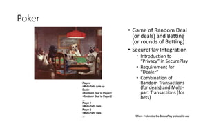 Poker
• Game of Random Deal
(or deals) and Betting
(or rounds of Betting)
• SecurePlay Integration
• Introduction to
“Privacy” in SecurePlay
• Requirement for
“Dealer”
• Combination of
Random Transactions
(for deals) and Multi-
part Transactions (for
bets)
Players
<Multi-Part> Ante up
Dealer
<Random> Deal to Player 1
<Random> Deal to Player 2
…
Player 1
<Multi-Part> Bets
Player 2
<Multi-Part> Bets
… Where <> denotes the SecurePlay protocol to use
 