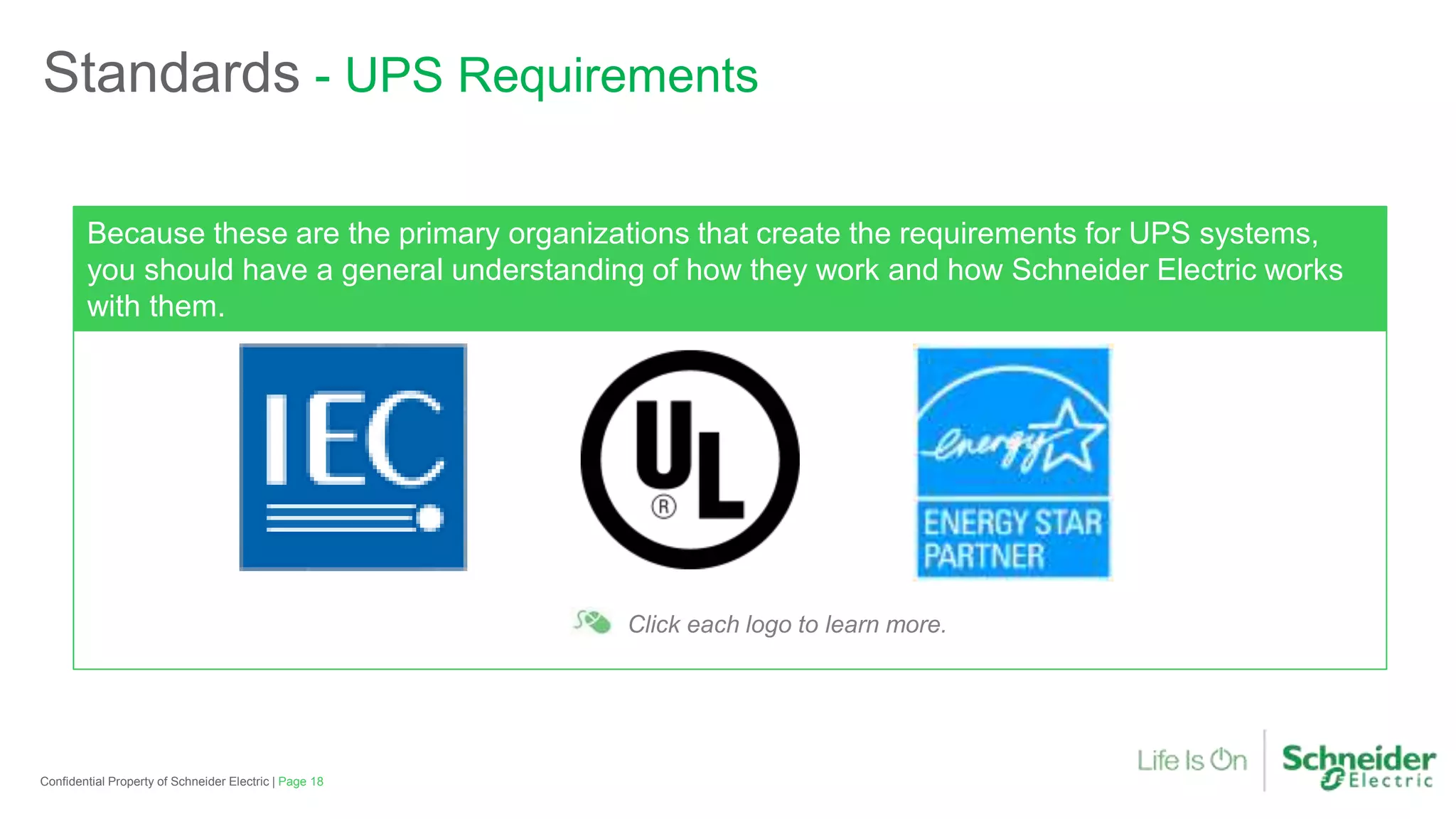Click each logo to learn more.
Because these are the primary organizations that create the requirements for UPS systems,
you should have a general understanding of how they work and how Schneider Electric works
with them.
Page 18Confidential Property of Schneider Electric |
Standards - UPS Requirements
 