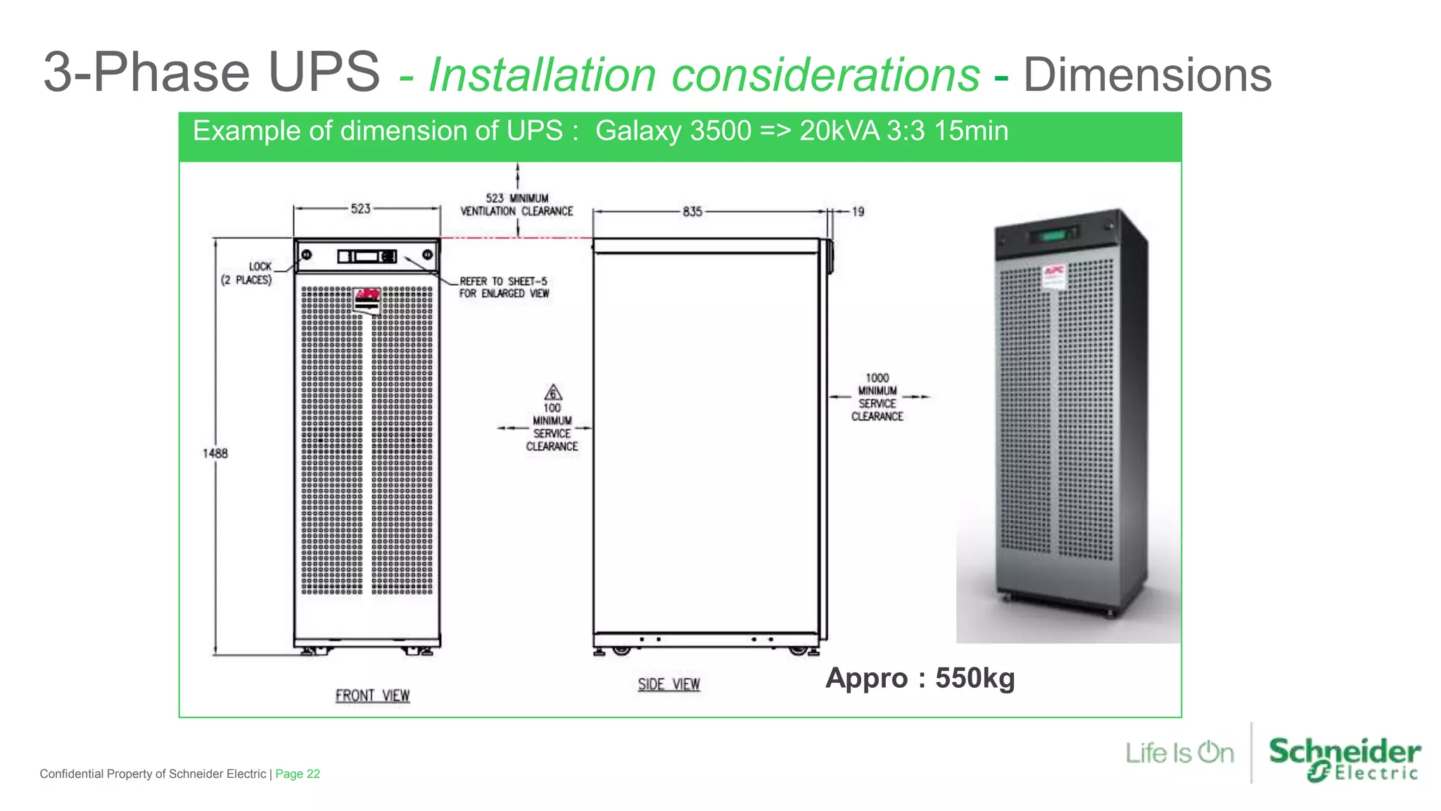 Appro : 550kg
3-Phase UPS - Installation considerations - Dimensions
Example of dimension of UPS : Galaxy 3500 => 20kVA 3:3 15min
Page 22Confidential Property of Schneider Electric |
 