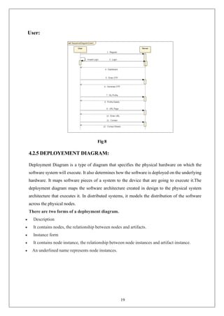 19
User:
Fig 8
4.2.5 DEPLOYEMENT DIAGRAM:
Deployment Diagram is a type of diagram that specifies the physical hardware on which the
software system will execute. It also determines how the software is deployed on the underlying
hardware. It maps software pieces of a system to the device that are going to execute it.The
deployment diagram maps the software architecture created in design to the physical system
architecture that executes it. In distributed systems, it models the distribution of the software
across the physical nodes.
There are two forms of a deployment diagram.
• Description
• It contains nodes, the relationship between nodes and artifacts.
• Instance form
• It contains node instance, the relationship between node instances and artifact instance.
• An underlined name represents node instances.
 