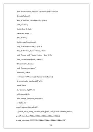 53
from sklearn.feature_extraction.text import TfidfVectorizer
def makeTokens(f):
tkns_BySlash=str(f.encode('utf-8')).split('/')
total_Tokens=[]
for i in tkns_BySlash:
tokens=str(i).split('-')
tkns_ByDot=[]
for j in range(0,len(tokens)):
temp_Tokens=str(tokens[j]).split('.')
tkns_ByDot=tkns_ByDot + temp_Tokens
total_Tokens=total_Tokens + tokens + tkns_ByDot
total_Tokens= list(set(total_Tokens))
if 'com' in total_Tokens:
total_Tokens.remove('com')
return total_Tokens
vectorizer=TfidfVectorizer(tokenizer=makeTokens)
X=vectorizer.fit_transform(df["url"])
import joblib
file=open('vc_rf.pkl','wb')
joblib.dump(X,file)
print(X.shape,'fgtretyuiokjhnbgffrry')
y=df["label"]
print(X.shape,y.shape,'sdgsdfg')
X_train,X_test,y_train,y_test=train_test_split(X,y,test_size=0.2,random_state=42)
print(X_train.shape,'kkkkkkkkkkkkkkkkkkkkkkkkkkkkkkkkk')
print(y_train.shape,'ffffffffffffkkkkkkkkkkkkkkkkkkkkkkkkkkkkkkkkk')
 