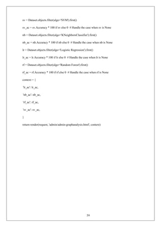 59
sv = Dataset.objects.filter(algo='SVM').first()
sv_ac = sv.Accuracy * 100 if sv else 0 # Handle the case when sv is None
nb = Dataset.objects.filter(algo='KNeighborsClassifier').first()
nb_ac = nb.Accuracy * 100 if nb else 0 # Handle the case when nb is None
lr = Dataset.objects.filter(algo='Logistic Regression').first()
lr_ac = lr.Accuracy * 100 if lr else 0 # Handle the case when lr is None
rf = Dataset.objects.filter(algo='Random Forest').first()
rf_ac = rf.Accuracy * 100 if rf else 0 # Handle the case when rf is None
context = {
'lr_ac': lr_ac,
'nb_ac': nb_ac,
'rf_ac': rf_ac,
'sv_ac': sv_ac,
}
return render(request, 'admin/admin-graphanalysis.html', context)
 