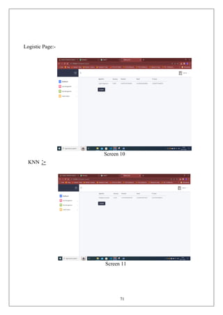 71
Logistic Page:-
Screen 10
KNN :-
Screen 11
 