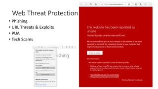 Web Threat Protection
• Phishing
• URL Threats & Exploits
• PUA
• Tech Scams
 