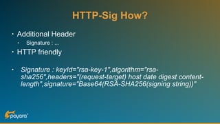 HTTP-Sig How?
• Additional Header
• Signature : ...
• HTTP friendly
• Signature : keyId="rsa-key-1",algorithm="rsa-
sha256",headers="(request-target) host date digest content-
length",signature="Base64(RSA-SHA256(signing string))"
 