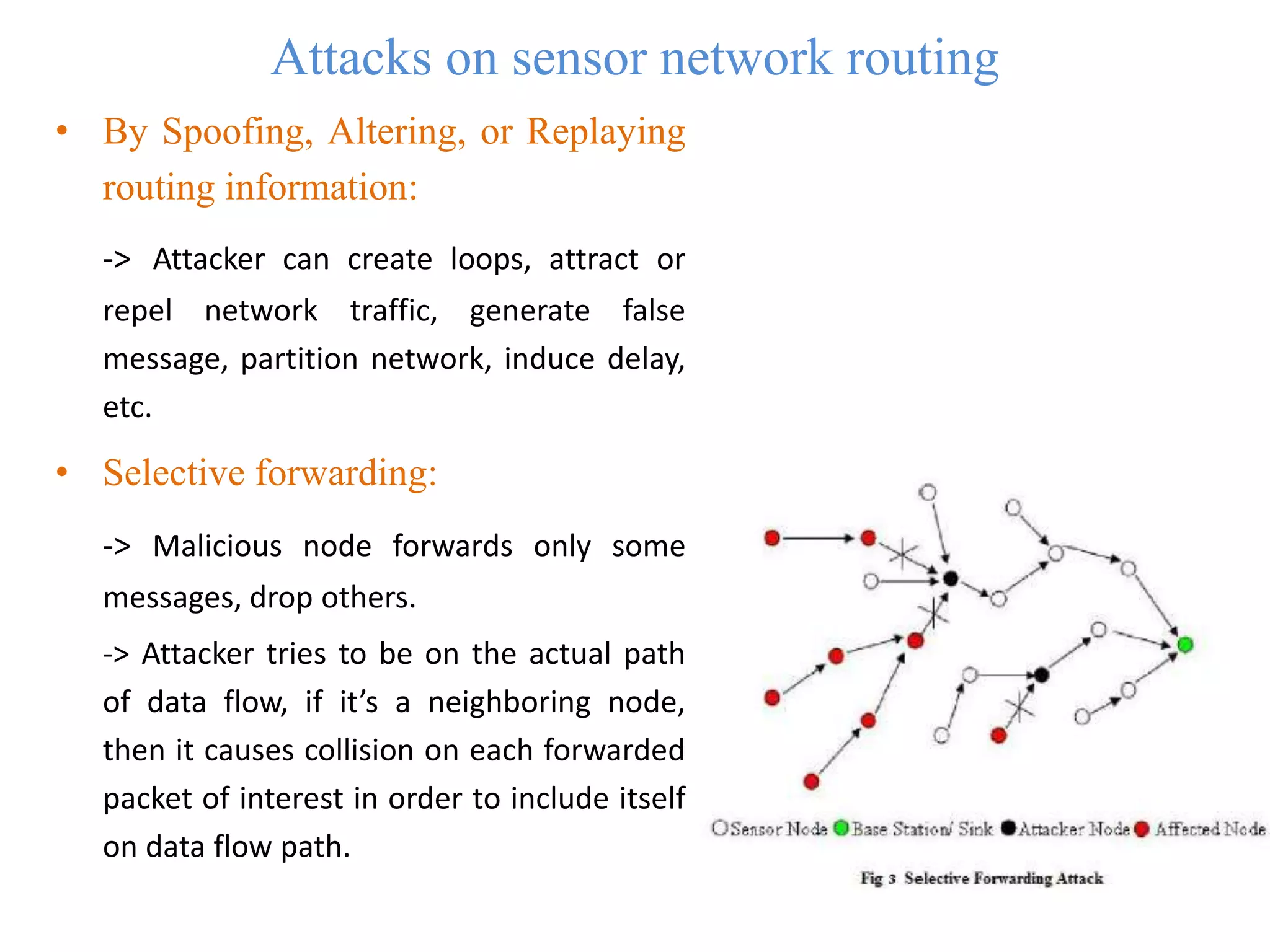 Attacks on sensor network routing
• By Spoofing, Altering, or Replaying
routing information:
-> Attacker can create loops, attract or
repel network traffic, generate false
message, partition network, induce delay,
etc.
• Selective forwarding:
-> Malicious node forwards only some
messages, drop others.
-> Attacker tries to be on the actual path
of data flow, if it’s a neighboring node,
then it causes collision on each forwarded
packet of interest in order to include itself
on data flow path.
 