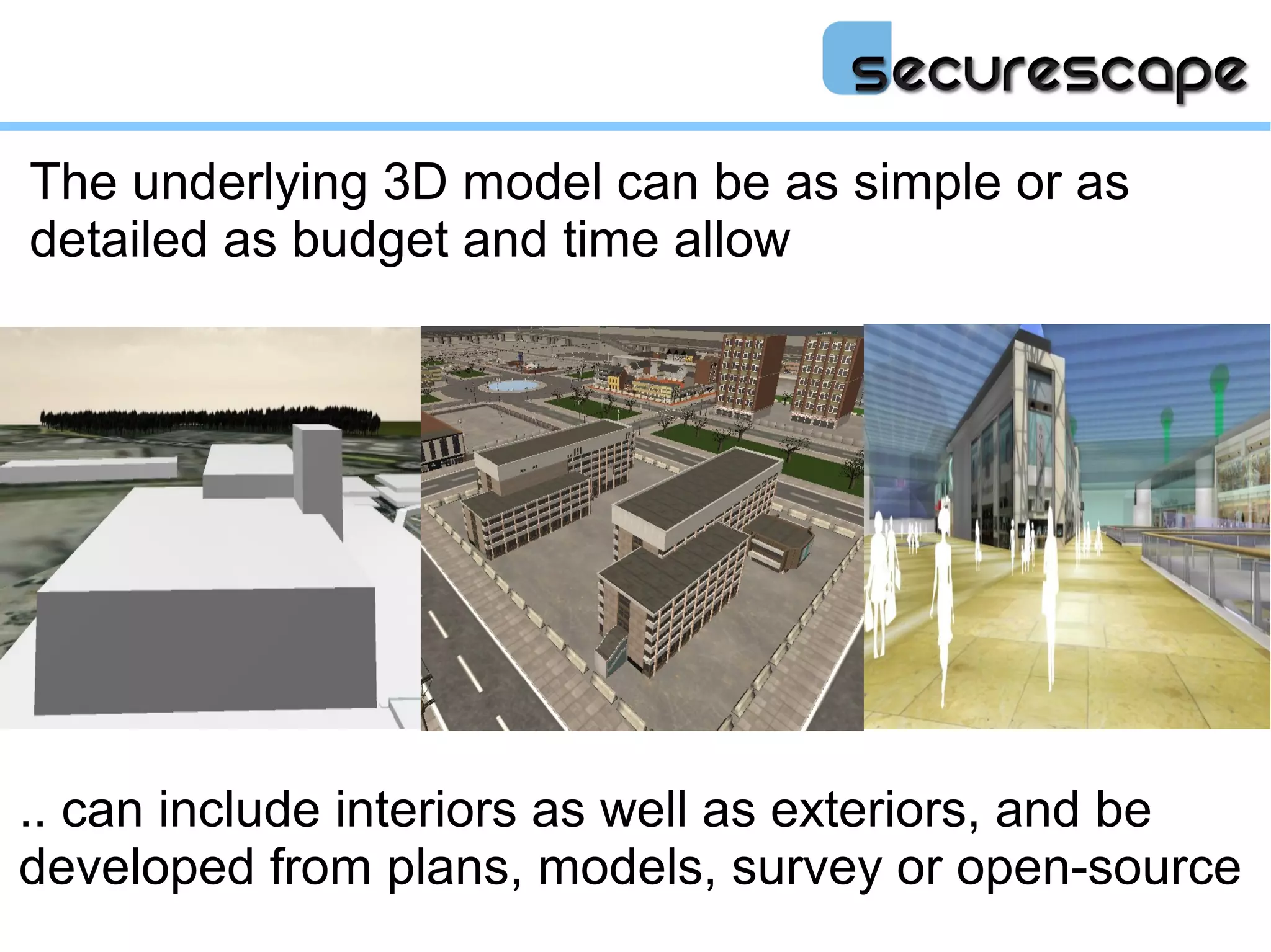 The underlying 3D model can be as simple or as
detailed as budget and time allow




.. can include interiors as well as exteriors, and be
developed from plans, models, survey or open-source
 