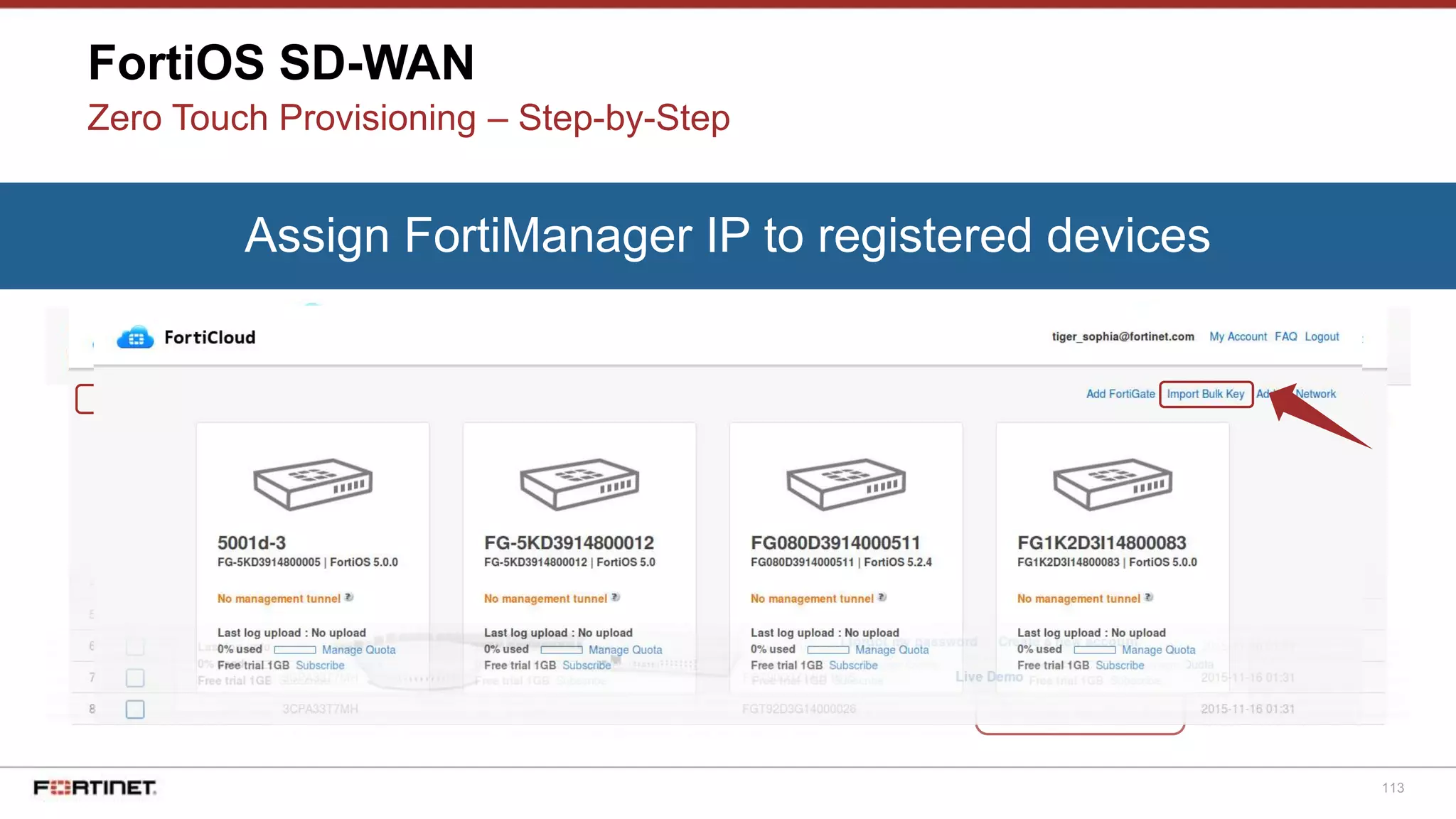 113
FortiOS SD-WAN
Zero Touch Provisioning – Step-by-Step
Assign FortiManager IP to registered devices
 