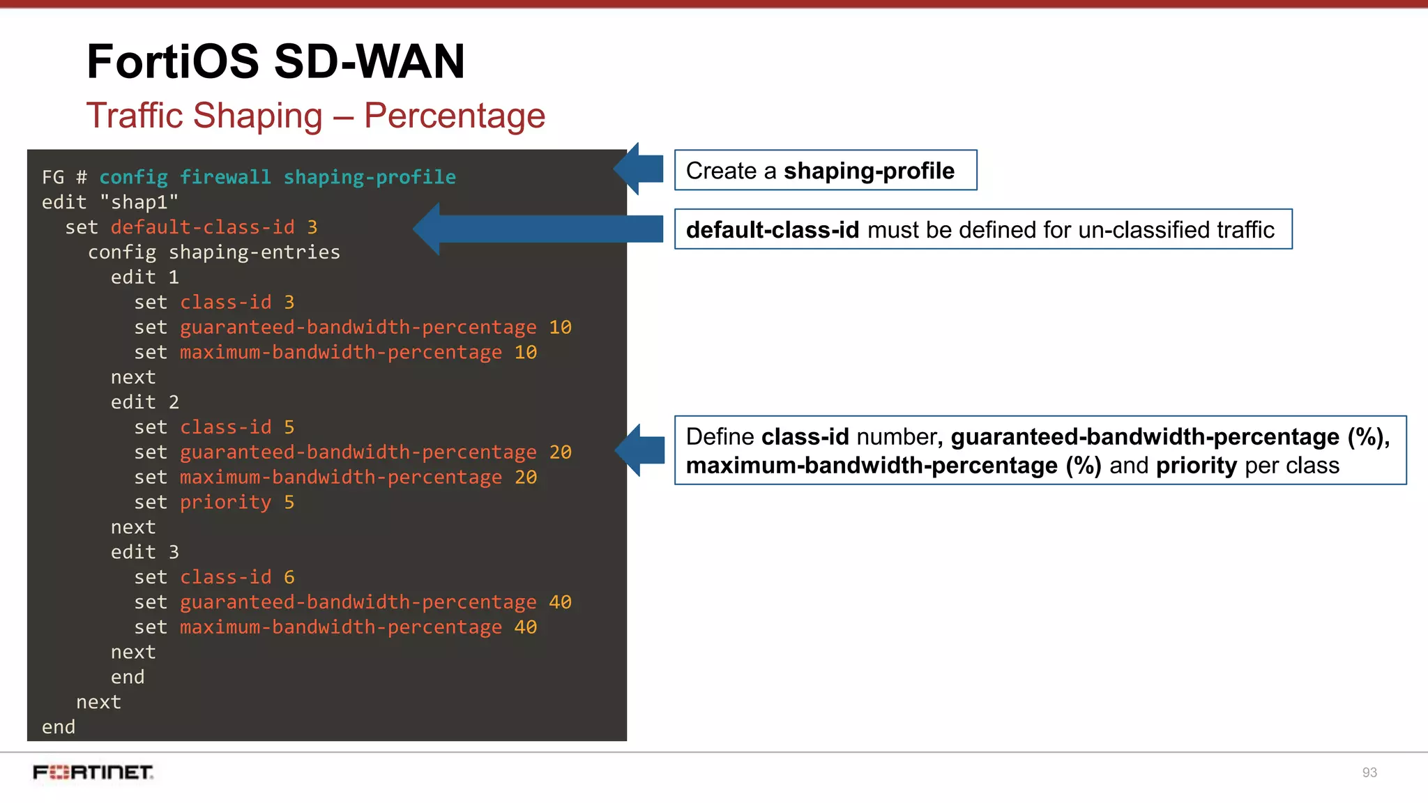 93
FortiOS SD-WAN
Traffic Shaping – Percentage
FG # config firewall shaping-profile
edit "shap1"
set default-class-id 3
config shaping-entries
edit 1
set class-id 3
set guaranteed-bandwidth-percentage 10
set maximum-bandwidth-percentage 10
next
edit 2
set class-id 5
set guaranteed-bandwidth-percentage 20
set maximum-bandwidth-percentage 20
set priority 5
next
edit 3
set class-id 6
set guaranteed-bandwidth-percentage 40
set maximum-bandwidth-percentage 40
next
end
next
end
default-class-id must be defined for un-classified traffic
Define class-id number, guaranteed-bandwidth-percentage (%),
maximum-bandwidth-percentage (%) and priority per class
Create a shaping-profile
 