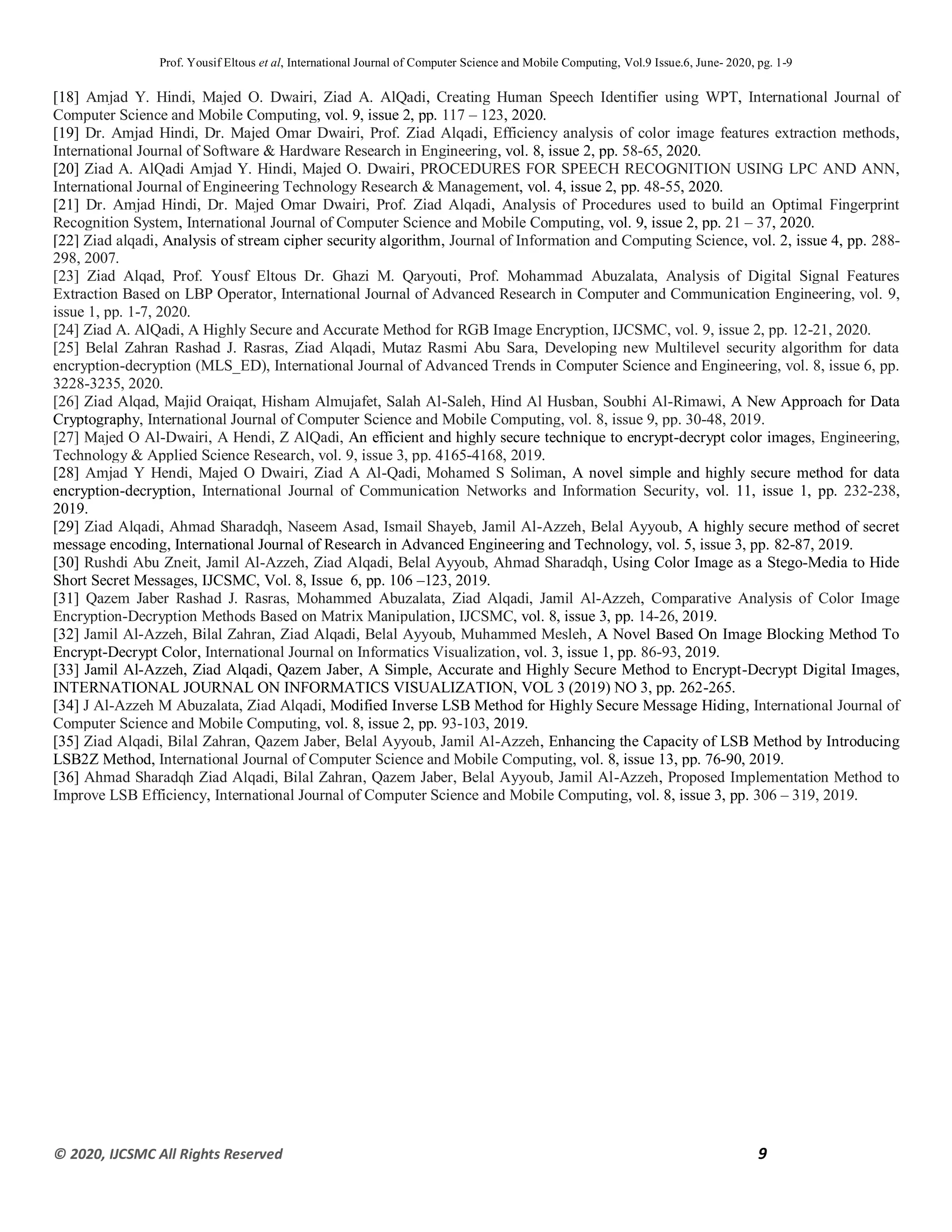 Prof. Yousif Eltous et al, International Journal of Computer Science and Mobile Computing, Vol.9 Issue.6, June- 2020, pg. 1-9
© 2020, IJCSMC All Rights Reserved 9
[18] Amjad Y. Hindi, Majed O. Dwairi, Ziad A. AlQadi, Creating Human Speech Identifier using WPT, International Journal of
Computer Science and Mobile Computing, vol. 9, issue 2, pp. 117 – 123, 2020.
[19] Dr. Amjad Hindi, Dr. Majed Omar Dwairi, Prof. Ziad Alqadi, Efficiency analysis of color image features extraction methods,
International Journal of Software & Hardware Research in Engineering, vol. 8, issue 2, pp. 58-65, 2020.
[20] Ziad A. AlQadi Amjad Y. Hindi, Majed O. Dwairi, PROCEDURES FOR SPEECH RECOGNITION USING LPC AND ANN,
International Journal of Engineering Technology Research & Management, vol. 4, issue 2, pp. 48-55, 2020.
[21] Dr. Amjad Hindi, Dr. Majed Omar Dwairi, Prof. Ziad Alqadi, Analysis of Procedures used to build an Optimal Fingerprint
Recognition System, International Journal of Computer Science and Mobile Computing, vol. 9, issue 2, pp. 21 – 37, 2020.
[22] Ziad alqadi, Analysis of stream cipher security algorithm, Journal of Information and Computing Science, vol. 2, issue 4, pp. 288-
298, 2007.
[23] Ziad Alqad, Prof. Yousf Eltous Dr. Ghazi M. Qaryouti, Prof. Mohammad Abuzalata, Analysis of Digital Signal Features
Extraction Based on LBP Operator, International Journal of Advanced Research in Computer and Communication Engineering, vol. 9,
issue 1, pp. 1-7, 2020.
[24] Ziad A. AlQadi, A Highly Secure and Accurate Method for RGB Image Encryption, IJCSMC, vol. 9, issue 2, pp. 12-21, 2020.
[25] Belal Zahran Rashad J. Rasras, Ziad Alqadi, Mutaz Rasmi Abu Sara, Developing new Multilevel security algorithm for data
encryption-decryption (MLS_ED), International Journal of Advanced Trends in Computer Science and Engineering, vol. 8, issue 6, pp.
3228-3235, 2020.
[26] Ziad Alqad, Majid Oraiqat, Hisham Almujafet, Salah Al-Saleh, Hind Al Husban, Soubhi Al-Rimawi, A New Approach for Data
Cryptography, International Journal of Computer Science and Mobile Computing, vol. 8, issue 9, pp. 30-48, 2019.
[27] Majed O Al-Dwairi, A Hendi, Z AlQadi, An efficient and highly secure technique to encrypt-decrypt color images, Engineering,
Technology & Applied Science Research, vol. 9, issue 3, pp. 4165-4168, 2019.
[28] Amjad Y Hendi, Majed O Dwairi, Ziad A Al-Qadi, Mohamed S Soliman, A novel simple and highly secure method for data
encryption-decryption, International Journal of Communication Networks and Information Security, vol. 11, issue 1, pp. 232-238,
2019.
[29] Ziad Alqadi, Ahmad Sharadqh, Naseem Asad, Ismail Shayeb, Jamil Al-Azzeh, Belal Ayyoub, A highly secure method of secret
message encoding, International Journal of Research in Advanced Engineering and Technology, vol. 5, issue 3, pp. 82-87, 2019.
[30] Rushdi Abu Zneit, Jamil Al-Azzeh, Ziad Alqadi, Belal Ayyoub, Ahmad Sharadqh, Using Color Image as a Stego-Media to Hide
Short Secret Messages, IJCSMC, Vol. 8, Issue 6, pp. 106 –123, 2019.
[31] Qazem Jaber Rashad J. Rasras, Mohammed Abuzalata, Ziad Alqadi, Jamil Al-Azzeh, Comparative Analysis of Color Image
Encryption-Decryption Methods Based on Matrix Manipulation, IJCSMC, vol. 8, issue 3, pp. 14-26, 2019.
[32] Jamil Al-Azzeh, Bilal Zahran, Ziad Alqadi, Belal Ayyoub, Muhammed Mesleh, A Novel Based On Image Blocking Method To
Encrypt-Decrypt Color, International Journal on Informatics Visualization, vol. 3, issue 1, pp. 86-93, 2019.
[33] Jamil Al-Azzeh, Ziad Alqadi, Qazem Jaber, A Simple, Accurate and Highly Secure Method to Encrypt-Decrypt Digital Images,
INTERNATIONAL JOURNAL ON INFORMATICS VISUALIZATION, VOL 3 (2019) NO 3, pp. 262-265.
[34] J Al-Azzeh M Abuzalata, Ziad Alqadi, Modified Inverse LSB Method for Highly Secure Message Hiding, International Journal of
Computer Science and Mobile Computing, vol. 8, issue 2, pp. 93-103, 2019.
[35] Ziad Alqadi, Bilal Zahran, Qazem Jaber, Belal Ayyoub, Jamil Al-Azzeh, Enhancing the Capacity of LSB Method by Introducing
LSB2Z Method, International Journal of Computer Science and Mobile Computing, vol. 8, issue 13, pp. 76-90, 2019.
[36] Ahmad Sharadqh Ziad Alqadi, Bilal Zahran, Qazem Jaber, Belal Ayyoub, Jamil Al-Azzeh, Proposed Implementation Method to
Improve LSB Efficiency, International Journal of Computer Science and Mobile Computing, vol. 8, issue 3, pp. 306 – 319, 2019.
 