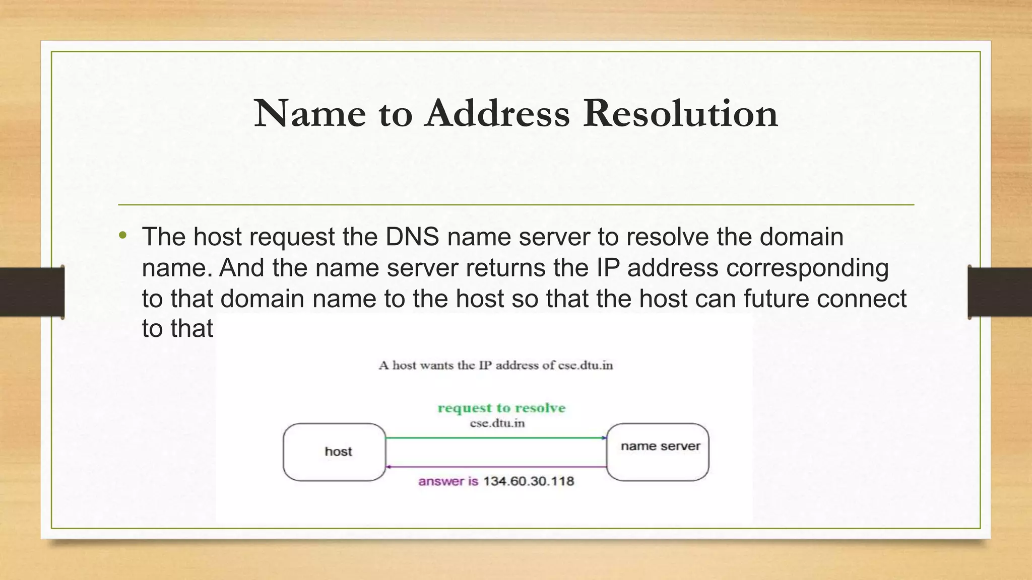 Name to Address Resolution
• The host request the DNS name server to resolve the domain
name. And the name server returns the IP address corresponding
to that domain name to the host so that the host can future connect
to that IP address.
 