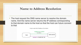 Name to Address Resolution
• The host request the DNS name server to resolve the domain
name. And the name server returns the IP address corresponding
to that domain name to the host so that the host can future connect
to that IP address.
 