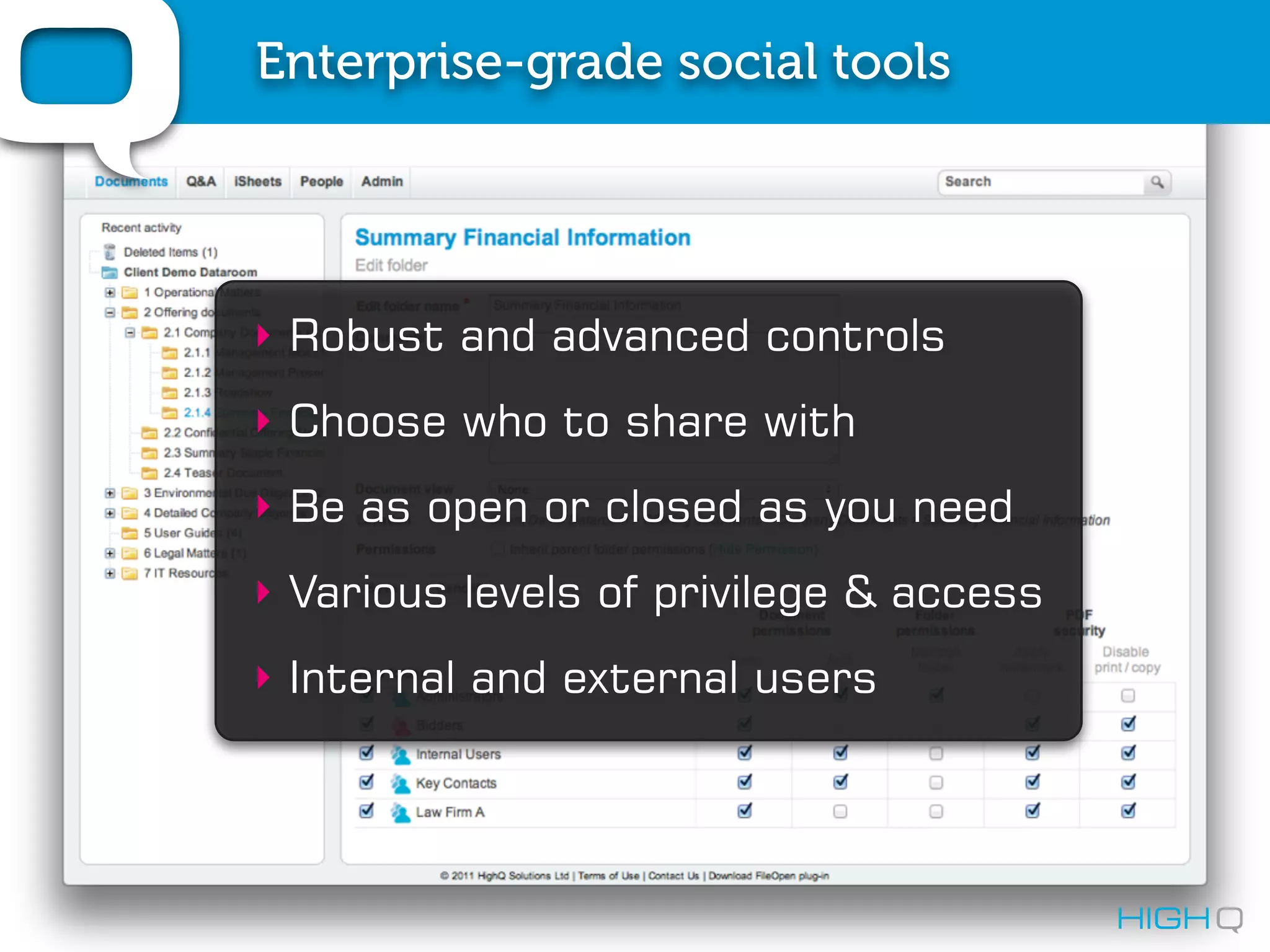 Enterprise-grade social tools




‣ Robust and advanced controls
‣ Choose who to share with
‣ Be as open or closed as you need
‣ Various levels of privilege & access
‣ Internal and external users
 