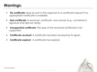 15My Presentation
Warnings:
• No certificate: May be sent in the response to a certificate request if no
appropriate certificate is available.
• Bad certificate: A received certificate was corrupt (e.g., contained a
signature that did not verify).
• Unsupported certificate: The type of the received certificate is not
supported .
• Certificate revoked: A certificate has been revoked by its signer.
• Certificate expired: A certificate has expired.
 