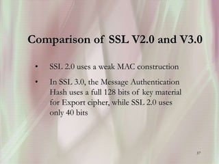37
Comparison of SSL V2.0 and V3.0
• SSL 2.0 uses a weak MAC construction
• In SSL 3.0, the Message Authentication
Hash uses a full 128 bits of key material
for Export cipher, while SSL 2.0 uses
only 40 bits
 