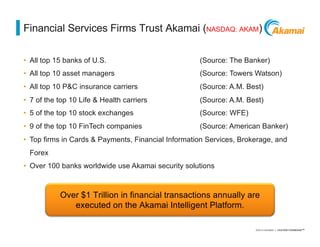 ©2014 AKAMAI | FASTER FORWARDTM
Financial Services Firms Trust Akamai (NASDAQ: AKAM)
• All top 15 banks of U.S. (Source: T...