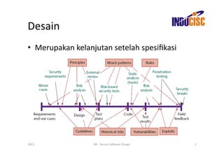 Desain	
  
•  Merupakan	
  kelanjutan	
  setelah	
  spesiﬁkasi	
  




2013	
                  BR	
  -­‐	
  Secure	
  So(ware	
  Design	
     2	
  
 