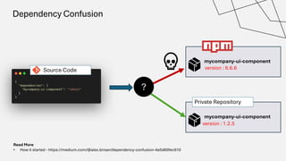 Dependency Confusion
mycompany-ui-component
version : 6.6.6
mycompany-ui-component
version : 1.2.5
Private Repository
Source Code
?
Read More
• How it started - https://medium.com/@alex.birsan/dependency-confusion-4a5d60fec610
 