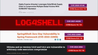 ██╗░░░░░░█████╗░░██████╗░░░██╗██╗░██████╗██╗░░██╗███████╗██╗░░░░░██╗░░░░░
██║░░░░░██╔══██╗██╔════╝░░██╔╝██║██╔════╝██║░░██║██╔════╝██║░░░░░██║░░░░░
██║░░░░░██║░░██║██║░░██╗░██╔╝░██║╚█████╗░███████║█████╗░░██║░░░░░██║░░░░░
██║░░░░░██║░░██║██║░░╚██╗███████║░╚═══██╗██╔══██║██╔══╝░░██║░░░░░██║░░░░░
███████╗╚█████╔╝╚██████╔╝╚════██║██████╔╝██║░░██║███████╗███████╗███████╗
╚══════╝░╚════╝░░╚═════╝░░░░░░╚═╝╚═════╝░╚═╝░░╚═╝╚══════╝╚══════╝╚══════╝
CVE-2021-44228
CVSS Score 10 / 10
CVE-2024-3094
CVSS Score 10 / 10
CVE-2022-22965
CVSS Score 9.8 / 10
CVE-2020-10148
CVSS Score 9.8 / 10
 