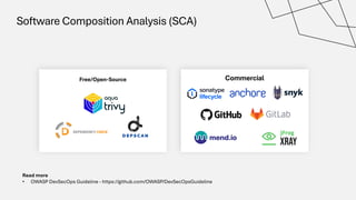 Software Composition Analysis (SCA)
Commercial
Free/Open-Source
Read more
• OWASP DevSecOps Guideline - https://github.com/OWASP/DevSecOpsGuideline
 