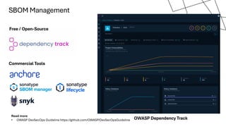 SBOM Management
Commercial Tools
Free / Open-Source
OWASP Dependency Track
Read more
• OWASP DevSecOps Guideline https://github.com/OWASP/DevSecOpsGuideline
 