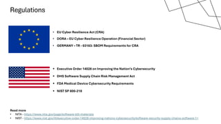 Regulations
Read more
• NITA - https://www.ntia.gov/page/software-bill-materials
• NIST - https://www.nist.gov/itl/executive-order-14028-improving-nations-cybersecurity/software-security-supply-chains-software-1+
• EU Cyber Resilience Act (CRA)
§ Executive Order 14028 on Improving the Nation’s Cybersecurity
§ DHS Software Supply Chain Risk Management Act
§ FDA Medical Device Cybersecurity Requirements
§ NIST SP 800-218
• DORA – EU Cyber Resilience Operation (Financial Sector)
• GERMANY – TR - 03183: SBOM Requirements for CRA
 