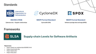 Standards
ISO/IEC 27036
Cybersecurity — Supplier relationships
Frameworks
Supply-chain Levels for Software Artifacts
Read more
• https://www.iso.org/standard/82905.html
• https://cyclonedx.org
• https://spdx.dev/
• https://slsa.dev/
SBOM Format Standard
Software package data exchange (SPDX)
SBOM Format Standard
CycloneDX (CDX)
 