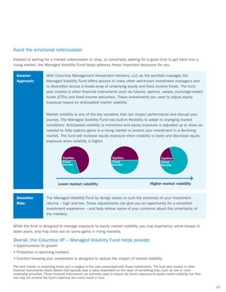Avoid the emotional rollercoaster
Instead of waiting for a market rollercoaster to stop, or conversely, waiting for a good time to get back into a
rising market, the Managed Volatility Fund helps address these important decisions for you.

  Smarter               With Columbia Management Investment Advisers, LLC as the portfolio manager, the
  Approach:             Managed Volatility Fund offers access to many other well-known investment managers and
                        is diversified across a broad array of underlying equity and fixed income funds. The fund
                        also invests in other financial instruments such as futures, options, swaps, exchange-traded
                        funds (ETFs) and fixed income securities. These investments are used to adjust equity
                        exposure based on anticipated market volatility.


                        Market volatility is one of the key variables that can impact performance and disrupt your
                        journey. The Managed Volatility Fund has built-in flexibility to adapt to changing market
                        conditions. Anticipated volatility is monitored and equity exposure is adjusted up or down as
                        needed to help capture gains in a rising market or protect your investment in a declining
                        market. The fund will increase equity exposure when volatility is lower and decrease equity
                        exposure when volatility is higher.



                                    Equities                            Equities                            Equities
                                    Fixed                               Fixed                               Fixed
                                    Income                              Income                              Income




                                 Lower market volatility                                            Higher market volatility


  Smoother              The Managed Volatility Fund by design seeks to curb the extremes of your investment
  Ride:                 returns – high and low. These adjustments can give you an opportunity for a smoother
                        investment experience – and help relieve some of your concerns about the uncertainty of
                        the markets.


While the fund is designed to manage exposure to equity market volatility, you may experience some losses in
down years, and may miss out on some gains in rising markets.

Overall, the Columbia VP – Managed Volatility Fund helps provide:
•	Opportunities for growth
•	Protection in declining markets
•	Comfort knowing your investment is designed to reduce the impact of market volatility

The fund invests in underlying funds and is subject to the risks associated with those investments. The fund also invests in other
financial instruments (listed above) that typically have a value dependent on the value of something else, such as one or more
underlying securities. These financial instruments are primarily used to reduce the fund’s exposure to equity market volatility, but their
use may not achieve the fund’s objective and could result in loss.

                                                                                                                                             13
 