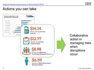 © 2014 IBM Corporation 
17 
Critical Infrastructure panel at Securetech 2014 
Actions you can take 
Collaborative action in managing risks when disruptions occur  