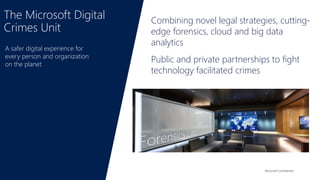 Microsoft Confidential
A safer digital experience for
every person and organization
on the planet
The Microsoft Digital
Crimes Unit
Public and private partnerships to fight
technology facilitated crimes
.
Combining novel legal strategies, cutting-
edge forensics, cloud and big data
analytics
 