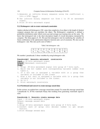 134 Computer Science & Information Technology (CS & IT)
3.Generate an infinite binary sequence using the coefficient ci
into a LFSR ( nKs + ).
4. The infinite binary sequence cut from 1 to 28 as watermark
signal.
5. Print 28 bits watermark signal
5.2.3 Kolmogorov rule to create watermark constraints
Andrew nikolaevich Kolmogorov [28] states that complexity of an object is the length of shortest
computer program that can reproduce the object. The Kolmogorov complexity is defined a
probability distribution under which worst-case and average-case running time are the same. We
know that kolmogorof rule is the short description length of overall description interpreted by
computer. The three papers [5, 29, 30] used the kolmogorov rule for numbering the variables of
linear combination in the optimization objective function and a set of constrains. We also use the
kolmogorov rule. This rule can be seen in Table 2
Table 2 the kolmogorov rule
1 2 3 4 5 6 7
tε DAε DBε DCε 1δ 2δ 3δ
We number ( pseudocode 3) these variables by using kolmogorov rule.
Pseudocode3. Generate watermark constraints
Input : 28 bits watermark signal
Output: Watermark constraints
Steps
1. Group 28 bits watermark signal into group of 7 bits each.
2. Match the bit number with corresponding variable number from
table 2.
3. If a bit one is assigned a variable with in a group that
variable is included in the linear
4. Else a bit zero is assigned a variable with in a group that
variable is not included in the linear.
5. Go to 2
6. Print watermark constraints
5.2.4 Partitioned and convert to create message sensed data
In this section, we explain how a message sensed data created. To create this message sensed data
( pseudocode 4), 28 bits watermark binary that resulting from generating watermark signal is
used.
Pseudocode 4. Generate create message data
Input : 28 bits watermark signal
Output: message sensed data
Steps:
1.Group 28 bits watermark signal into group of 4 bits each.
2.Convert each of group into decimal number to get weight
factors.
3.Print message sensed data
 