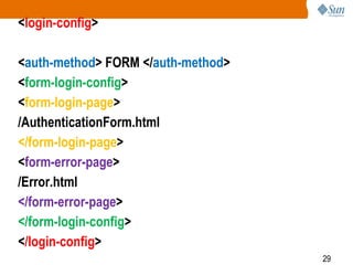 29
<login-config>
<auth-method> FORM </auth-method>
<form-login-config>
<form-login-page>
/AuthenticationForm.html
</form-login-page>
<form-error-page>
/Error.html
</form-error-page>
</form-login-config>
</login-config>
 