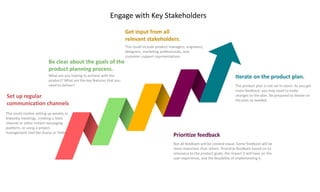 Engage with Key Stakeholders
This could involve setting up weekly or
biweekly meetings, creating a Slack
channel or other instant messaging
platform, or using a project
management tool like Asana or Trello.
Set up regular
communication channels
What are you hoping to achieve with the
product? What are the key features that you
need to deliver?
Be clear about the goals of the
product planning process.
This could include product managers, engineers,
designers, marketing professionals, and
customer support representatives.
Get input from all
relevant stakeholders.
Not all feedback will be created equal. Some feedback will be
more important than others. Prioritize feedback based on its
relevance to the product goals, the impact it will have on the
user experience, and the feasibility of implementing it.
Prioritize feedback
The product plan is not set in stone. As you get
more feedback, you may need to make
changes to the plan. Be prepared to iterate on
the plan as needed.
Iterate on the product plan.
 