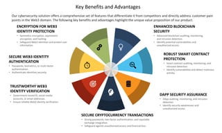 Key Benefits and Advantages
Our cybersecurity solution offers a comprehensive set of features that differentiate it from competitors and directly address customer pain
points in the Web3 domain. The following key benefits and advantages highlight the unique value proposition of our product:
ENHANCED BLOCKCHAIN
SECURITY
• Advanced blockchain auditing, monitoring,
and intrusion detection.
• Identify potential vulnerabilities and
unauthorized access.
ENCRYPTION FOR WEB3
IDENTITY PROTECTION
• Symmetric encryption, asymmetric
encryption, and hashing.
• Safeguard Web3 identities and protect user
information.
SECURE WEB3 IDENTITY
AUTHENTICATION
• Passwords, biometrics, or multi-factor
authentication.
• Authenticate identities securely.
TRUSTWORTHY WEB3
IDENTITY VERIFICATION
• Government-issued ID, social media
accounts, or email addresses.
• Ensure reliable Web3 identity verification.
ROBUST SMART CONTRACT
PROTECTION
• Smart contract auditing, monitoring, and
intrusion detection.
• Identify vulnerabilities and detect malicious
activity.
DAPP SECURITY ASSURANCE
• DApp auditing, monitoring, and intrusion
detection.
• Identify security weaknesses and
unauthorized access.
SECURE CRYPTOCURRENCY TRANSACTIONS
• Strong passwords, two-factor authentication, and reputable
exchange integration.
• Safeguard against unauthorized access and financial loss.
 