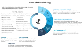 Proposed Product Strategy
MARKETING
The product will be marketed through a variety of channels,
including online advertising, trade shows, and public relations.
COMPANY'S OVERALL GOALS
The company's overall goals are to provide the best possible
cybersecurity solution to its customers and to become the leading
provider of Web3 cybersecurity solutions in the market.
MARKET RESEARCH FINDINGS
Market research findings indicate that the demand for Web3
cybersecurity solutions is growing rapidly. This is due to the increasing
popularity of Web3 applications and services, which are often more
vulnerable to cyberattacks than traditional applications and services.
CUSTOMER ANALYSIS
Customer analysis indicates that customers are looking for a
comprehensive Web3 cybersecurity solution that is easy to use,
affordable, and reliable.
Product Features
The product will offer a comprehensive set of security features to protect
customer data and assets in the Web3 space. These features will include
PRICING
The product will be priced competitively
to make it accessible to a wide range of
customers.
DISTRIBUTION
The product will be distributed through a
variety of channels, including direct sales,
online retailers, and system integrators.
Based on the company's overall goals, market research findings, and customer
analysis, the following product strategy is proposed:
• Blockchain auditing
• Blockchain monitoring
• Blockchain intrusion detection
• Smart contract auditing
• Smart contract monitoring
• Smart contract intrusion detection
• Web3 identity authentication
• Web3 identity encryption
• DApp auditing
• DApp monitoring
• DApp intrusion detection
• Cryptocurrency wallet security
• Cryptocurrency exchange security
• Cryptocurrency transaction security
• Web3 identity verification
 