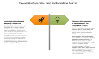 Incorporating Stakeholder Input and Competitive Analysis
Involving Stakeholders and
Analyzing Competition
Stakeholder input: Stakeholder input can be
incorporated into the product strategy by
conducting surveys, interviews, and focus
groups with stakeholders. This input can be
used to identify the needs of stakeholders and
to prioritize features and functionality.
Competitive analysis: Competitive analysis can
be incorporated into the product strategy by
analyzing the strengths and weaknesses of
competing products. This analysis can be used
to identify opportunities for differentiation and
to improve the product offering.
Examples of Incorporating
Stakeholder Input and
Competitive Analysis
A survey of stakeholders reveals that they are
concerned about the security of their data
and assets. This finding can be used to
prioritize security features in the product
strategy.
A focus group with small business owners
reveals that they are looking for an affordable
and scalable cybersecurity solution. This
finding can be used to price the product
competitively and to make it available through
a variety of distribution channels.
A competitive analysis reveals that a
competing product offers a feature that is not
available in your product. This finding can be
used to add a feature to your product to
improve the product offering and differentiate
it from the competition.
 