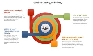 Usability, Security, and Privacy
GET USER FEEDBACK
It is important to get user feedback
on security and privacy features.
This feedback can be used to
improve the usability and
effectiveness of these features.
PRIORITIZE SECURITY AND
PRIVACY
Security and privacy should always be a top
priority when designing a product. This
means taking steps to protect user data, such
as using strong encryption and
authentication methods.
MAKE SECURITY AND PRIVACY
FEATURES EASY TO USE
Security and privacy features should not be
difficult to use. Users should be able to
understand how these features work and how
to use them without having to spend a lot of
time learning about them.
BE TRANSPARENT
ABOUT SECURITY AND
PRIVACY
Users should be aware of the
security and privacy risks
associated with using a product.
This means providing clear and
concise information about how
user data is collected, used, and
shared.
 