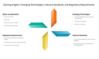 Gaining Insights: Emerging Technologies, Industry Standards, and Regulatory Requirements
Emerging Technologies
• Artificial intelligence (AI) and machine
learning (ML)
• Blockchain technology
• Quantum computing
Industry Standards
• The Open Web Application Security Project
(OWASP)
• The National Institute of Standards and
Technology (NIST)
Other considerations
• Zero-trust security
• DevSecOps
• Security awareness training
• Incident response planning
Regulatory Requirements
• The General Data Protection Regulation
(GDPR)
• The California Consumer Privacy Act (CCPA)
• The Cybersecurity Act of 2015
 