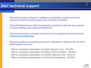24x7 technical support


   •   Clearswift provides professional, intelligent and adaptable support and training
       services to meet the exacting needs of our enterprise Customers

   •   Clearswift Global Support (24x7 as standard) is provided to help with any questions
       or issues relating to your Clearswift deployment

   •   Technical information is available at anytime for our supported Customers from the
       Clearswift Knowledge Base

   •   We pride ourselves on exceeding Customers’ expectations. Results of the Jun 2010
       global support survey are:

        •Met or exceeded expectation of initial response time - 93.29%
        •Met or exceeded expectation of ability to solve problem - 90.85%
        •Met or exceeded expectation of overall response time - 93.21%
        •Met or exceeded expectation of technical competency - 93.83%


                                                                                            20
 
