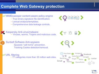 Complete Web Gateway protection

  MIMEsweeper content-aware policy engine
      – True binary signature file identification.
      – Lexical analysis/templates.
      – Comprehensive data leakage controls.


  Kaspersky Anti-virus/malware
      – Viruses, worms, Trojans and malicious code.


  Sunbelt Software Anti-spyware
         Spyware “call home” prevention.
         Tracking Cookie detection/removal.


  URL filtering
      – 77 categories more than 30 million web sites.




                                                        5
 