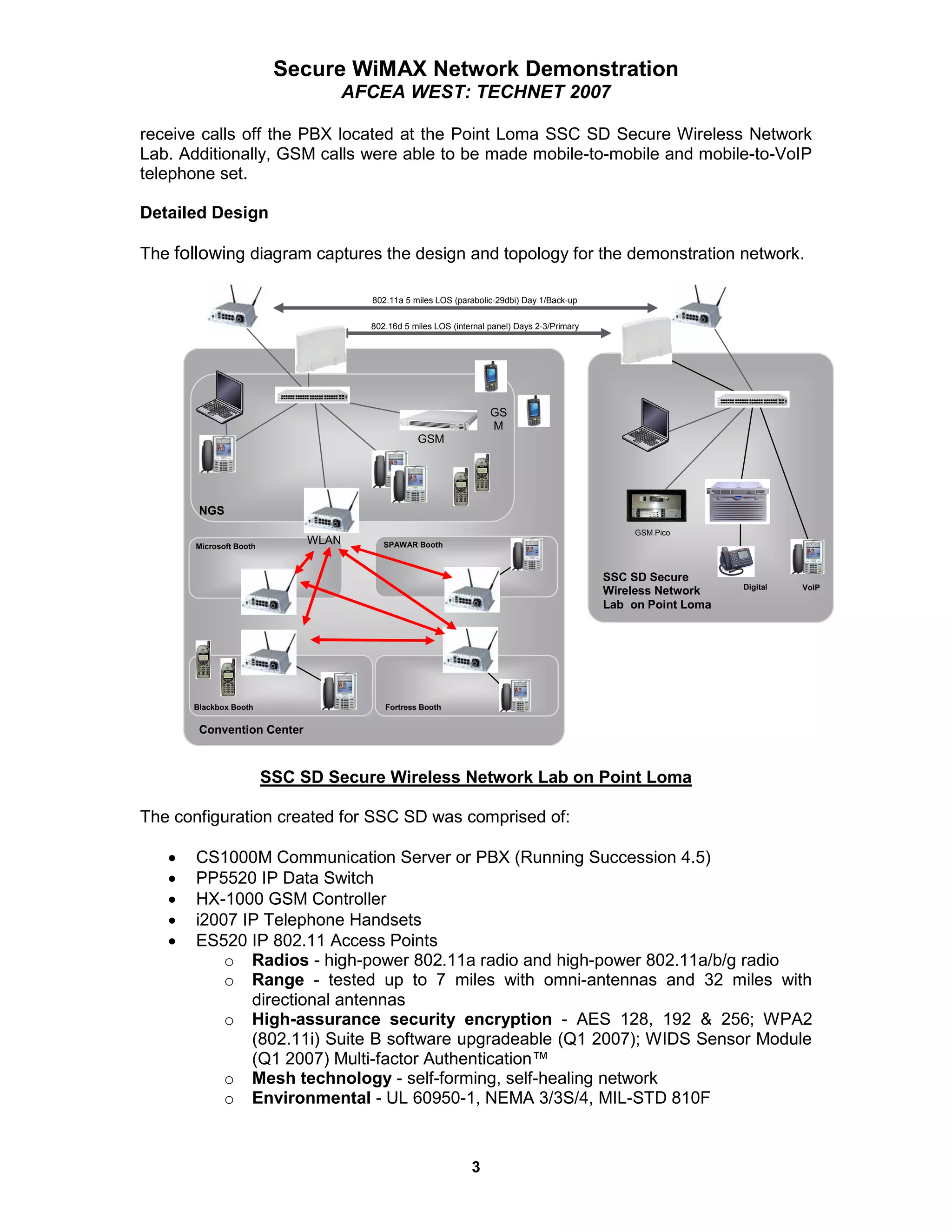 Secure WiMAX Network Demonstration
                                  AFCEA WEST: TECHNET 2007

receive calls off the PBX located at the Point Loma SSC SD Secure Wireless Network
Lab. Additionally, GSM calls were able to be made mobile-to-mobile and mobile-to-VoIP
telephone set.

Detailed Design

The following diagram captures the design and topology for the demonstration network.

                                     802.11a 5 miles LOS (parabolic-29dbi) Day 1/Back-up


                                     802.16d 5 miles LOS (internal panel) Days 2-3/Primary




                                                                   GS
                                                                   M
                                                GSM




        NGS
                                                                                                  GSM Pico
       Microsoft Booth
                              WLAN      SPAWAR Booth



                                                                                             SSC SD Secure
                                                                                                                 Digital   VoIP
                                                                                             Wireless Network
                                                                                             Lab on Point Loma




       Blackbox Booth                   Fortress Booth


        Convention Center



                         SSC SD Secure Wireless Network Lab on Point Loma

The configuration created for SSC SD was comprised of:

   •   CS1000M Communication Server or PBX (Running Succession 4.5)
   •   PP5520 IP Data Switch
   •   HX-1000 GSM Controller
   •   i2007 IP Telephone Handsets
   •   ES520 IP 802.11 Access Points
           o Radios - high-power 802.11a radio and high-power 802.11a/b/g radio
           o Range - tested up to 7 miles with omni-antennas and 32 miles with
              directional antennas
           o High-assurance security encryption - AES 128, 192 & 256; WPA2
              (802.11i) Suite B software upgradeable (Q1 2007); WIDS Sensor Module
              (Q1 2007) Multi-factor Authentication™
           o Mesh technology - self-forming, self-healing network
           o Environmental - UL 60950-1, NEMA 3/3S/4, MIL-STD 810F


                                                              3
 