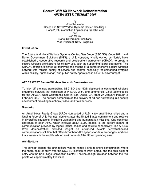 Secure WIMAX network demo AFCEA West 2007 PDF