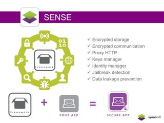 F r a m e w o r k 
+ = 
Y O U R A P P S E C U R E A P P 
F r a m e w o r k 
SENSE 
 Encrypted storage 
 Encrypted communication 
 Proxy HTTP 
 Keys manager 
 Identity manager 
 Jailbreak detection 
 Data leakage prevention 
 