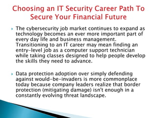  The cybersecurity job market continues to expand as
technology becomes an ever more important part of
every day life and business management.
Transitioning to an IT career may mean finding an
entry-level job as a computer support technician
while taking classes designed to help people develop
the skills they need to advance.
 Data protection adoption over simply defending
against would-be-invaders is more commonplace
today because company leaders realize that border
protection (mitigating damage) isn't enough in a
constantly evolving threat landscape.
 