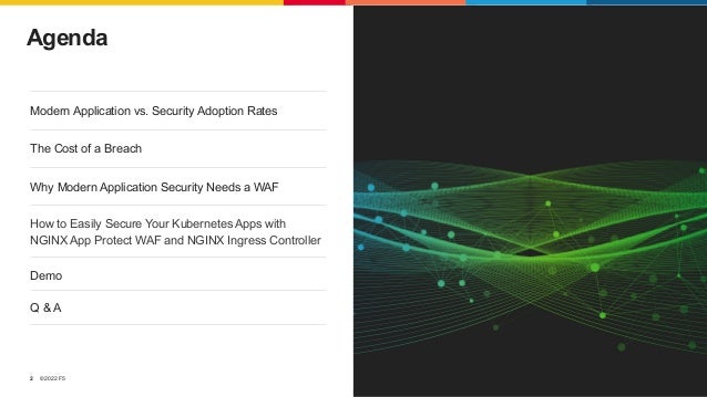 ©2022 F5 2 Agenda Modern Application vs. Security Adoption Rates The Cost of a Breach Why Modern Application Security Needs a WAF How to Easily Secure Your Kubernetes Apps with NGINX App Protect WAF and NGINX Ingress Controller Demo Q & A 