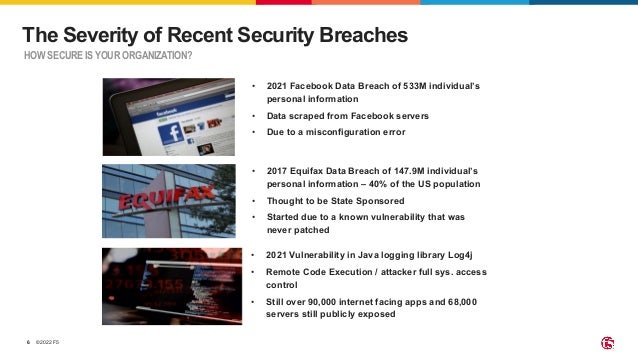 ©2022 F5 6 HOW SECURE IS YOUR ORGANIZATION? The Severity of Recent Security Breaches • 2021 Vulnerability in Java logging library Log4j • Remote Code Execution / attacker full sys. access control • Still over 90,000 internet facing apps and 68,000 servers still publicly exposed • 2021 Facebook Data Breach of 533M individual’s personal information • Data scraped from Facebook servers • Due to a misconfiguration error • 2017 Equifax Data Breach of 147.9M individual’s personal information – 40% of the US population • Thought to be State Sponsored • Started due to a known vulnerability that was never patched 