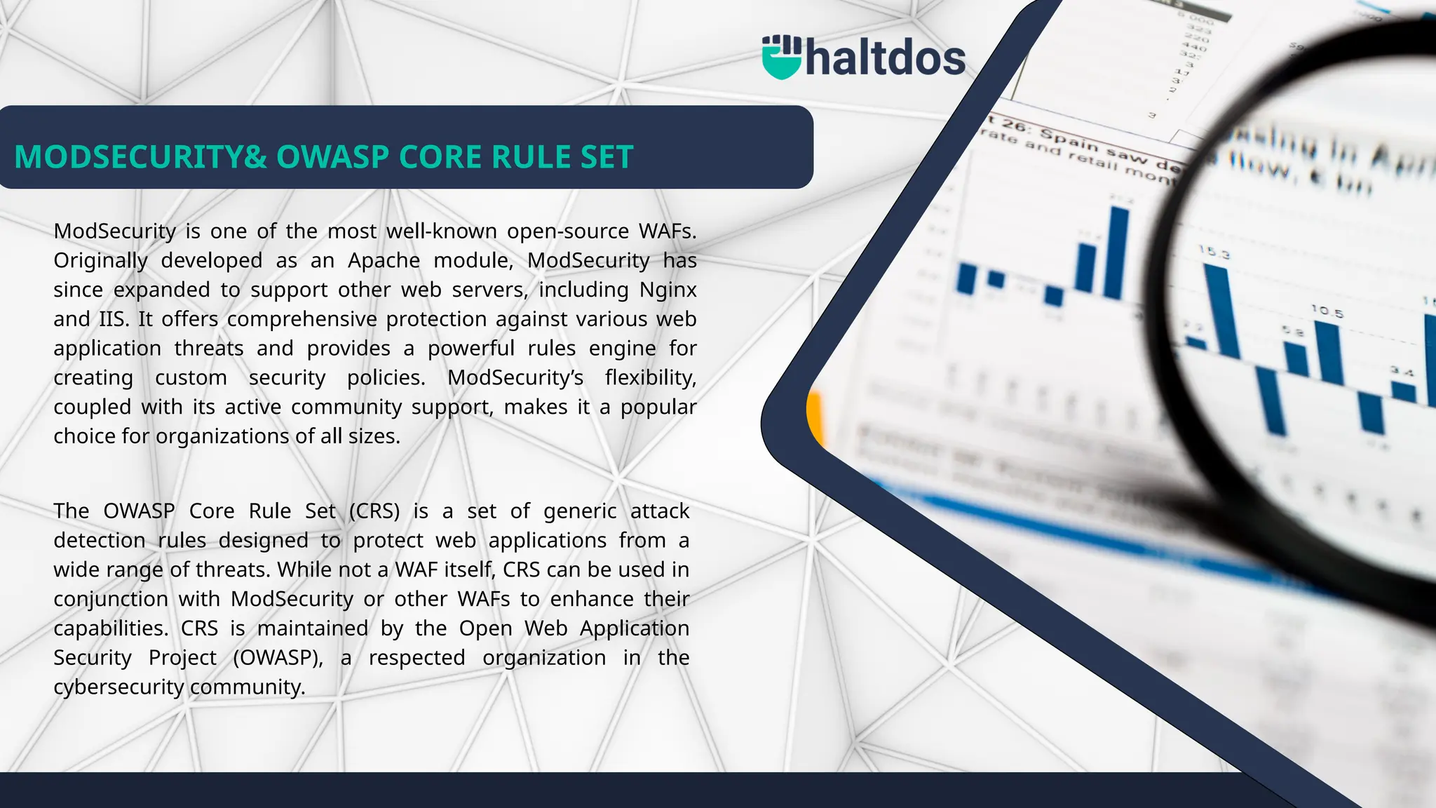 MODSECURITY& OWASP CORE RULE SET
ModSecurity is one of the most well-known open-source WAFs.
Originally developed as an Apache module, ModSecurity has
since expanded to support other web servers, including Nginx
and IIS. It offers comprehensive protection against various web
application threats and provides a powerful rules engine for
creating custom security policies. ModSecurity’s flexibility,
coupled with its active community support, makes it a popular
choice for organizations of all sizes.
The OWASP Core Rule Set (CRS) is a set of generic attack
detection rules designed to protect web applications from a
wide range of threats. While not a WAF itself, CRS can be used in
conjunction with ModSecurity or other WAFs to enhance their
capabilities. CRS is maintained by the Open Web Application
Security Project (OWASP), a respected organization in the
cybersecurity community.
 